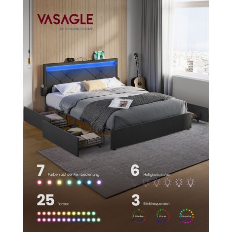 Kaheinimesevoodi raam, voodiraam, 160 x 200 cm, LED, metallvoodi, 4 sahtlit, laadimisjaam, reguleeritav polsterdatud peats, kiltkivihall-mattmust RMB828G02