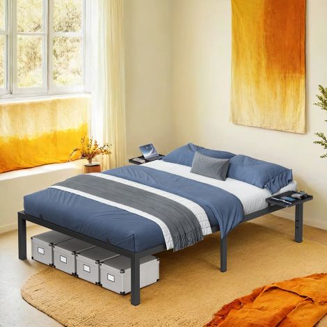 Kaheinimesevoodi raam, voodiraam, metallist voodiraam, hoiuriiulitega, külalistevoodi, sobib 190 x 140 cm madratsile, lihtne paigaldus, klassikaline must RMB093B01