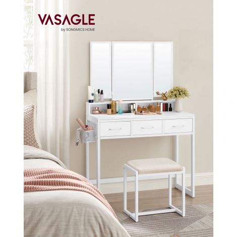 Tualettlaud peegli ja taburetiga, valge