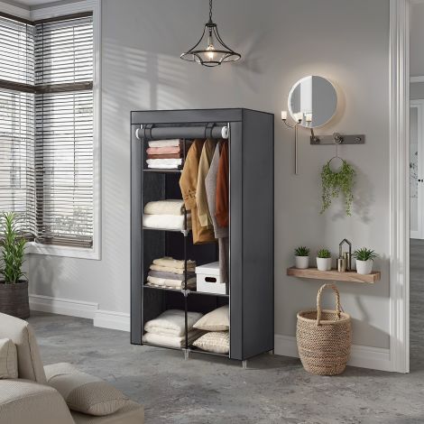 Riidekapp, 1 riidepuu, 6 taset, 88 x 45 x 168 cm, lausriie, metallraam, must