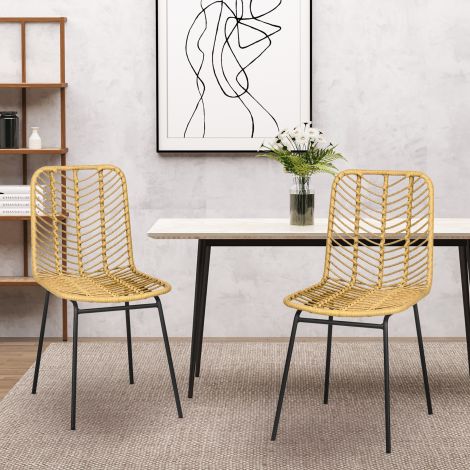 Söögitoolide komplekt 2 tk, köögitool seljatoega rotangist välimusega, teras, kollane, 44x58x85cm söögituppa ja elutuppa| Aosom