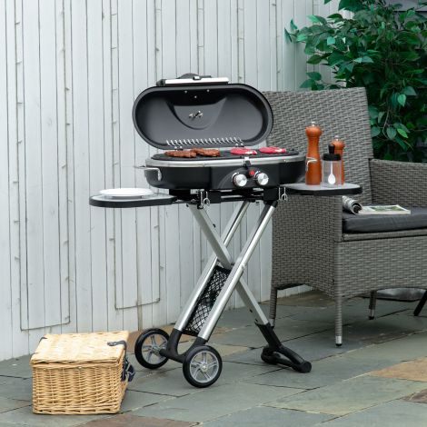 Gaasigrill BBQ grillkäru kokkupandav 2 põletiga ja grillvõrega, roostevaba teras must hõbe, külgriiul ratastega, 2,34 kW, 100x41,6x82,5 cm.