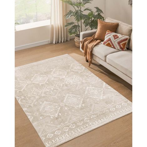 Boho vaip, 120 x 170 cm, magamistoa vaip, elutoa vaip, libisemiskindel vaip, pestav vaip, kohev, kaunistus, elutuppa, liivabež TAR027L02