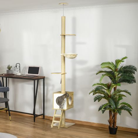 Kassipuu laeni 240-260 cm koos kassimaja ja rippvoodiga helepruunis ja beežis aktiivsetele kassidele.de
