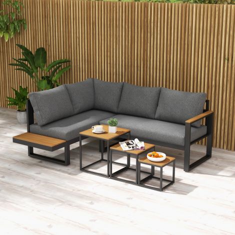 5-osaline aiakomplekt aiamööbel nurgadiivani ja kahekohalise diivani ning kohvilauaga rõdumööbli komplekt istmepatjadega aialounge komplekt hall.