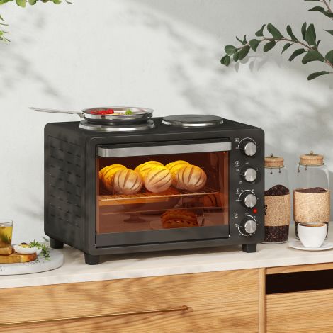 Miniahju 28 L 2600W Mini ahi 100-230℃ 60 min. taimer, 2 soojendusplaadiga, küpsetusplaadi ja grillrestiga pitsaahi puruplaadi, aluse käepidemega must.