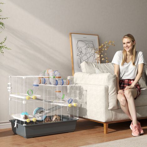 Hamstri puur 4 tasandit näriliste puur väikeloomade puur jooksuratta, söögikausi, tunneli, maja, ülemise uksega, väikeloomade aedik puur hamstritele Süüria hamstritele 78 x 45 x 73 cm, hall