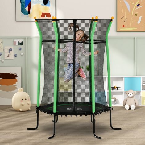 Laste batuut Ø163,5 cm, siseruumide batuut turvavõrgu ja äärekaitsega, kummipael, laste batuut kuni 50 kg, lastele vanuses 3-10 aastat, roheline