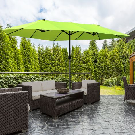 Päikesevari aiasirm 460 x 270 cm ovaalne käsikangiga, topeltpäikesevari rohelises terrassile ja aeda.de