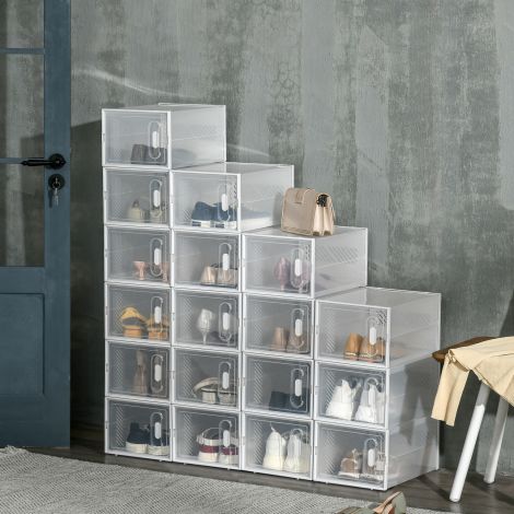 Komplekt 18-st modulaarsest jalanõude hoiukarbist läbipaistvate ustega - mõõtmed 25L x 35B x 19H cm