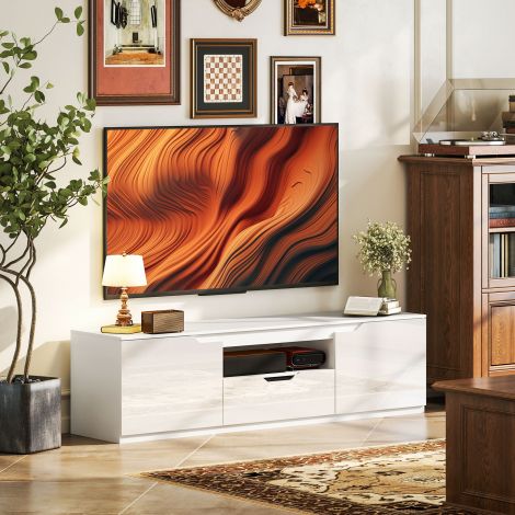 TV-kapp madal kapp 2 uksega, sahtel, 160 cm pikkune telerilaud telerile kuni 65 tolli, TV-alus kaablite haldamisega elutuppa, valge