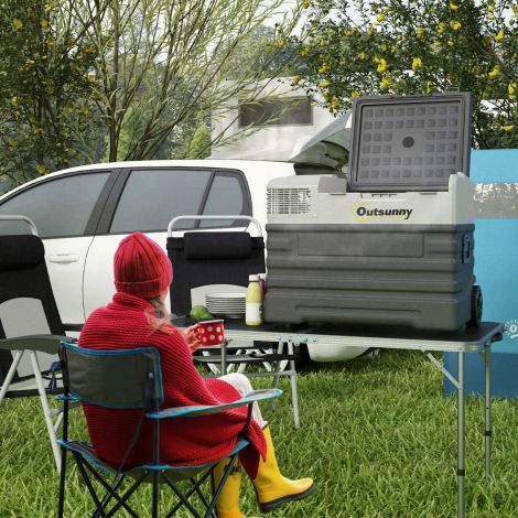 Kompressorkülmik 56L, auto külmik 12/24V DC & 240V AC kuni -20°C, kaasaskantav sügavkülmik ECO/MAX režiimidega, mini külmik teleskoopkäepideme, ratastega, sobib telkimiseks, veoautole, paadile ja pistikupessa.