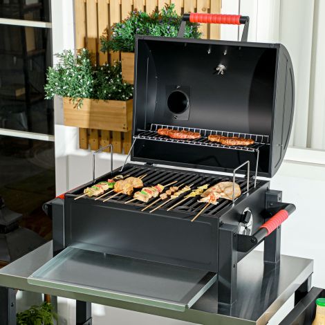 Puidust söegrill, lauagrill grillrestiga, söekauss, kaanega matkagrill, käepide, termomeeter, lauapuidugrill piknikule, aeda, must, 68,5 x 50 x 54 cm
