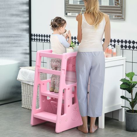 Õppetorn lastele, kuni 65 kg, käepidemetega, kõrguse reguleeritav õppetorn, Montessori torn, õppimistool kööki, roosa.de
