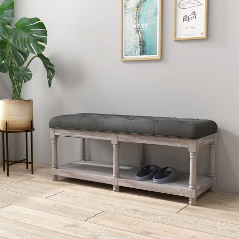 Kingapink istumisaluse ja panipaigaga, polsterdatud istumispink puidust jalgadega, hall linase välimusega 115x40x48 cm esikusse ja sissepääsualale.