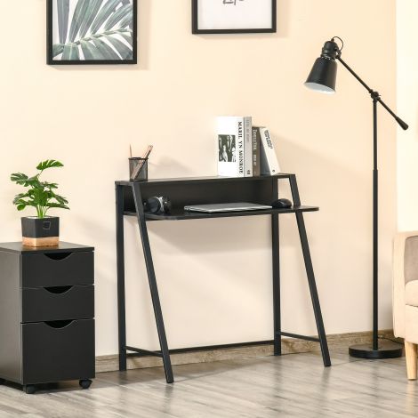 Arvutilaud stiilne kirjutuslaud hoiuruumi ja kaablite haldamisega, must metall 84x45x85cm kodukontorisse ja tööruumi jaoks.