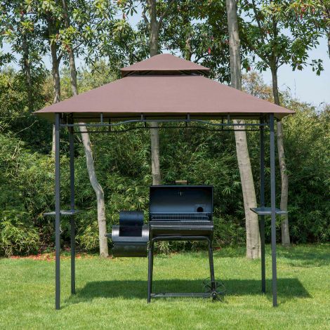 Grillpaviljon aiatelk leegiaeglustav topeltkatus 245x148x252cm kohvipruun ja must aiaiapidudeks ja väliüritusteks.