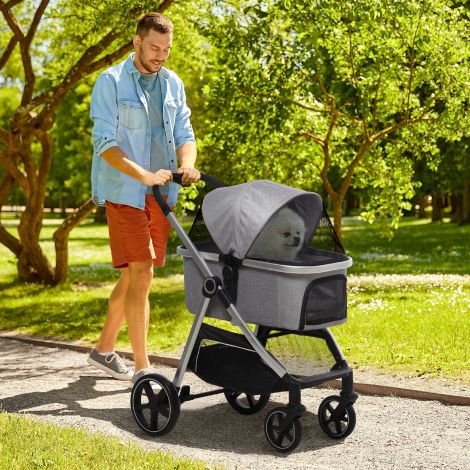Koeruvanker 2-ühes kokkupandav pidurite ja võrguga aknaga, turvarihmadega, koertele kuni 15 kg, helehall.