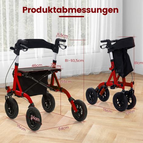 Kokkupandav ja kerge alumiiniumist rulaator istmega kuni 136 kg 2-ühes ratastool ja reisirulaator punane