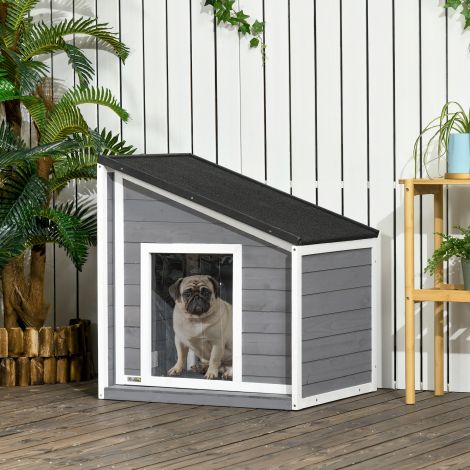 Ilmastikukindel koerakuut kuusepuidust, asfaldist katuse ja uksekardinaga, hall 71x58x53/77cm väikestele koertele.