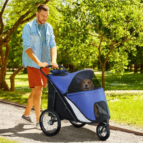 Koerakäru koeravanker kokkupandav võrguga turvarihm suured kummirattad kuni 30kg Oxford sinine koertele ja kassidele.