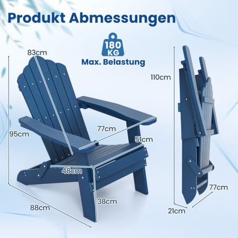 Kokkupandav ilmastikukindel plastikust Adirondack tool, meresinine
