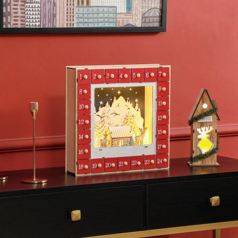 Advendikalender täitmiseks 24 sahtlit jõulukalender LED-tuledega advendikalendri kast jõulukaunistus DIY MDF 34 x 7 x 34 cm punane