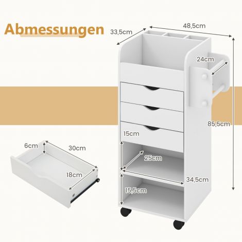 Rullkonteiner dokumendikapp 3 sahtliga puidust sahtlikapp ratastel 48,5 x 33,5 x 85,5 cm valge