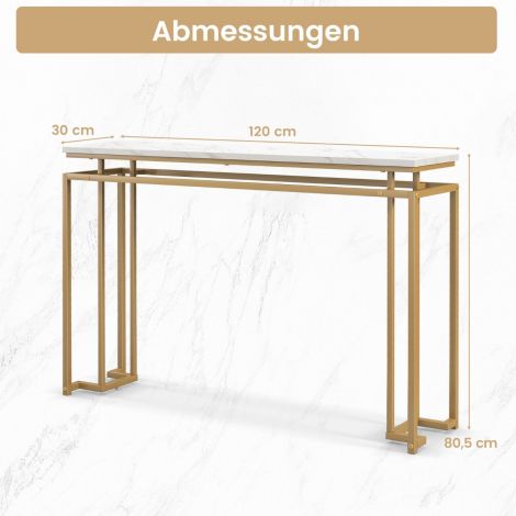 120 cm konsoollaud kunstmarmorist lauaplaadi ja geomeetrilise metallraamiga, kuldne esikulaud