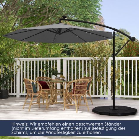 300 cm ripp-päikesevari 40 päikese LED-tulega ja vändaga, hall