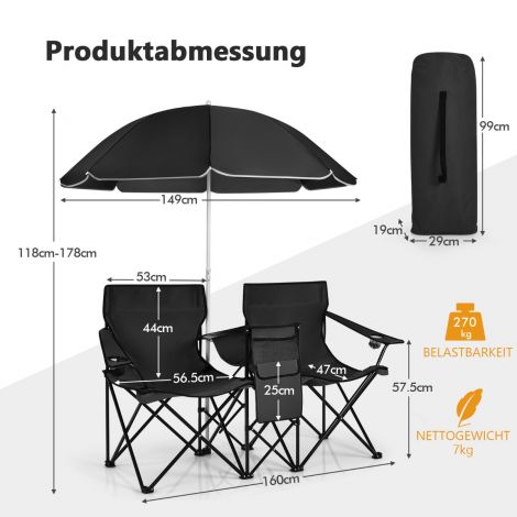 Kämpingutool päikesevarjuga, kahekohaline kokkupandav tool joogitopsihoidja ja külmakotiga, must