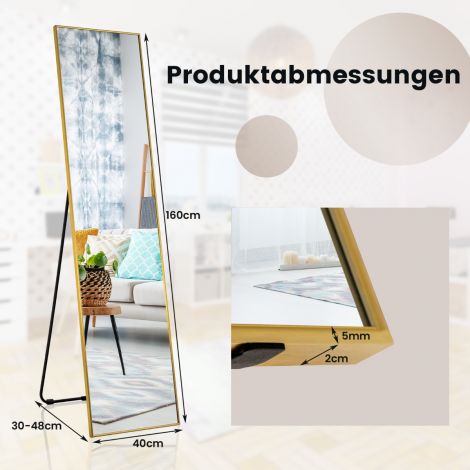 160 × 40 cm täiskehapeegel, 2-ühes põrandapeegel ja seinapeegel, purunemiskindlast klaasist, kuldne