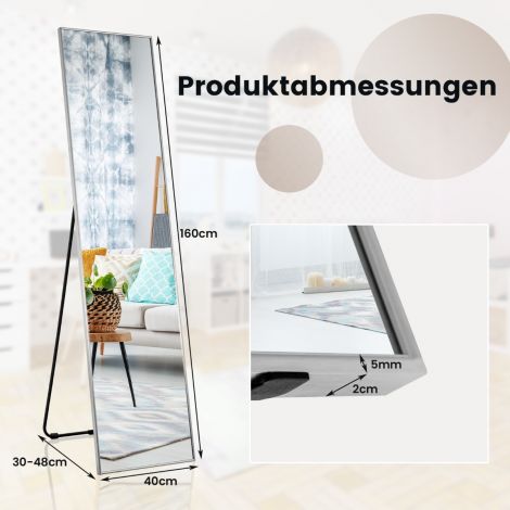 160 × 40 cm täispikk peegel, 2-ühes põrandapeegel ja seinapeegel purunemiskindlast klaasist, hõbedane