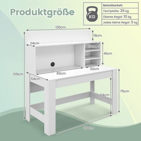 Kirjutuslaud raamaturiiuliga ja kaabliavadega 120 x 54 x 129 cm valge