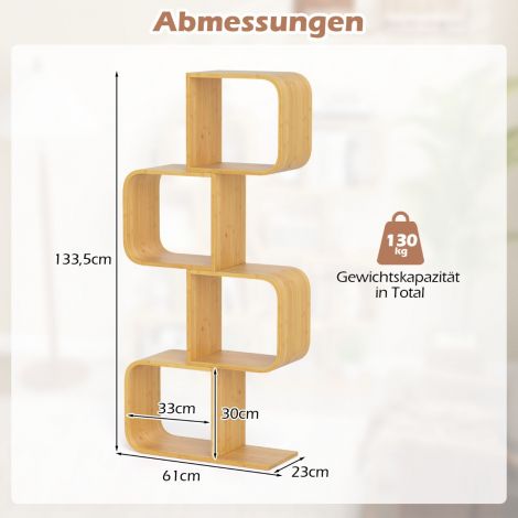 S-kujuline bambusest raamaturiiul 4 tasemega põrandariiul kuubikriiul kontoririiul 61 x 23 x 133,5 cm