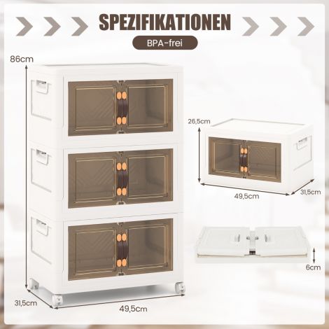 3-osaline komplekt virnastatavaid hoiukaste kaante, rataste ja ustega 49,5 x 31,5 x 86 cm