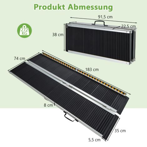 183 x 74 cm ratastooliramp, kaasaskantav ja libisemisvastane kokkupandav ramp, kuni 272 kg kandevõimega, alumiinium