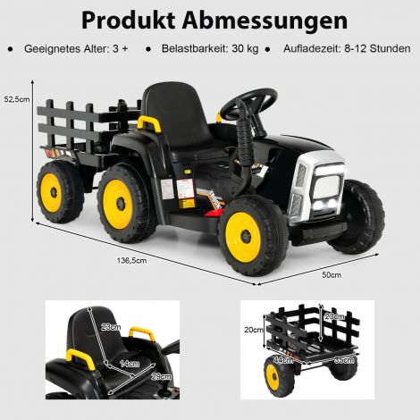 12 V laste traktor eemaldatava haagise ja kaugjuhtimispuldiga elektriline mänguauto must