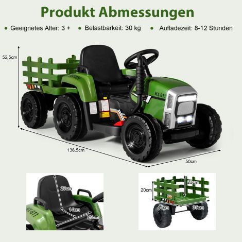 12 V laste traktor eemaldatava haagise ja kaugjuhtimispuldiga elektriline mänguauto roheline