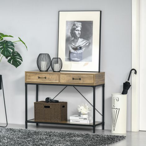 Abilaud konsoollaud esikulaud 2 sahtli ja alumise riiuliga vintage pruun must 100x35x76,5 cm esikusse ja elutuppa.
