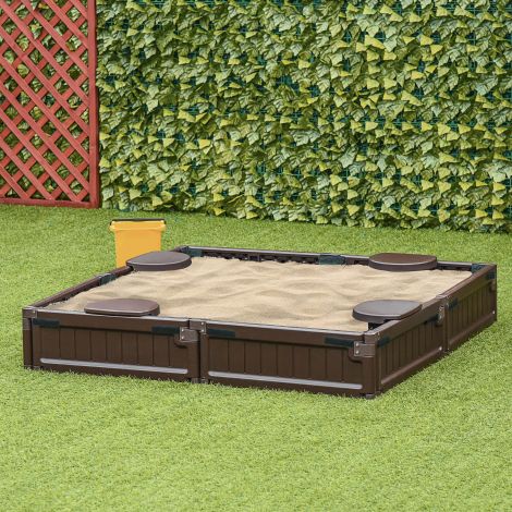 Liivakast Sandbox 4-kohaline koos põhjakatte ja kattega lastele vanuses 3-12 aastat, HDPE, 123x123x21 cm, pruun.