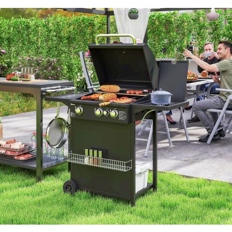 Gaasigrill 9,5 kW grillkäru, sisaldab 4 põletit, külgpõletit, ratast, rõhuregulaatorit, gaasivoolikut, kaant, 2 kütteala, termomeetrit, külgriiuleid, BBQ aedgrill rõdule, grill 123x57x98 cm
