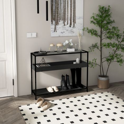Konsoollaud 2 riiuliga esikulaud klaasplaadiga, jalanõuderiiul, teras, must, 100x30x78 cm| Aosom