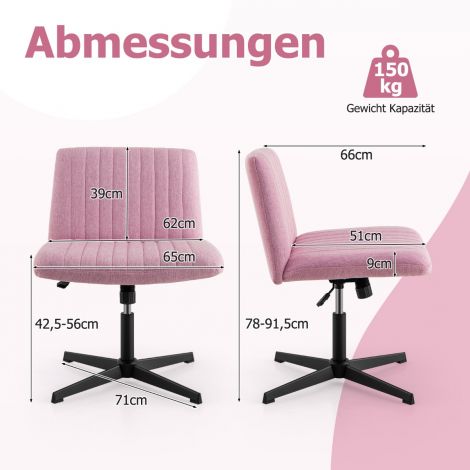 Rätsepaistes tool ilma käetugedeta pöördtool laia istmega roosa kirjutuslauatool