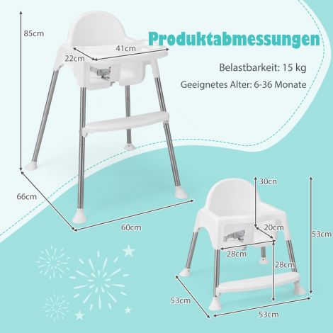 4-ühes PP- ja roostevabast terasest beebi kõrge söögitool, ümberkujundatav eemaldatava topeltalusega, valge