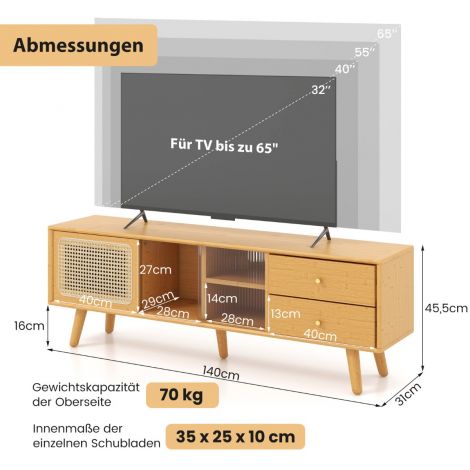 Bambusest telerialus kuni 65" teleritele, mid-century modern stiilis TV-konsool, 140 × 31 × 45,5 cm, naturaalne