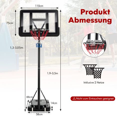130–305 cm kõrguselt reguleeritav korvpallikorv alusega ja 2 rattaga, must