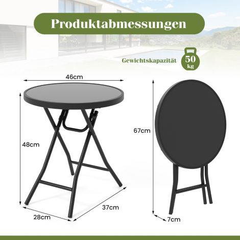 Ümmargune terrassi kohvilaud karastatud klaasplaadi ja metallraamiga, kokkupandav abilauake, must