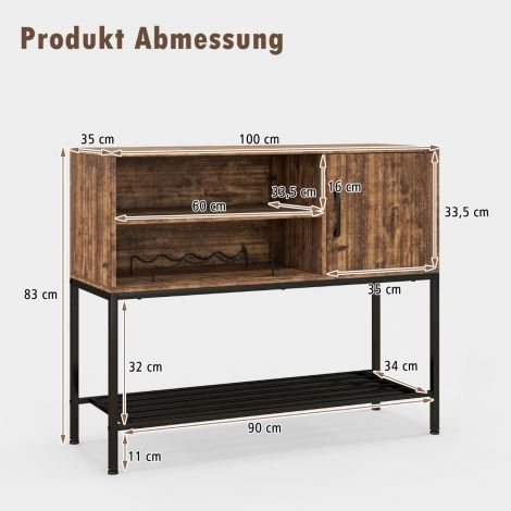 Baarikapp veiniriiulite ja hoiupindadega, puidust konsoollaud metallraamiga söögituppa, 100 × 35 × 83 cm, kohv