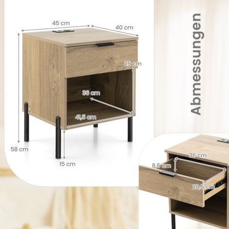 Modernne öökapp laadimisjaamaga, sahtliga ja avatud lahtriga abilauana